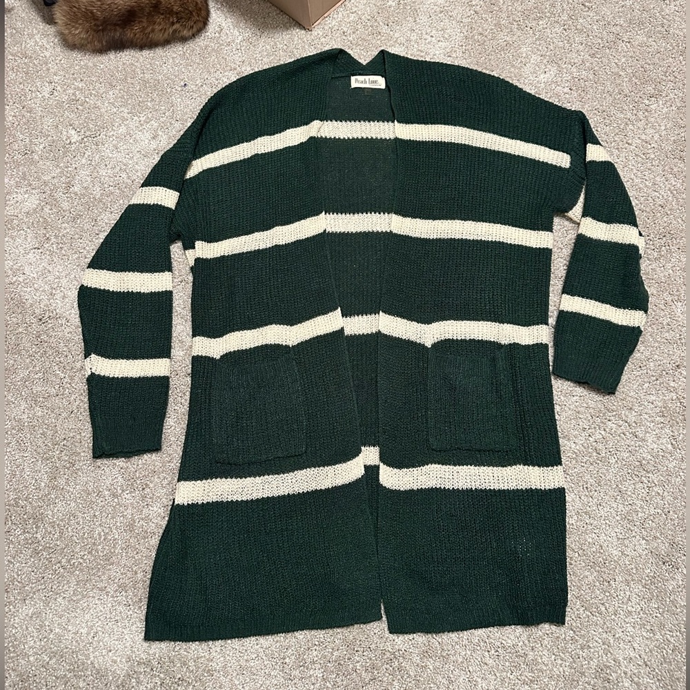 Green and White striped cardigan